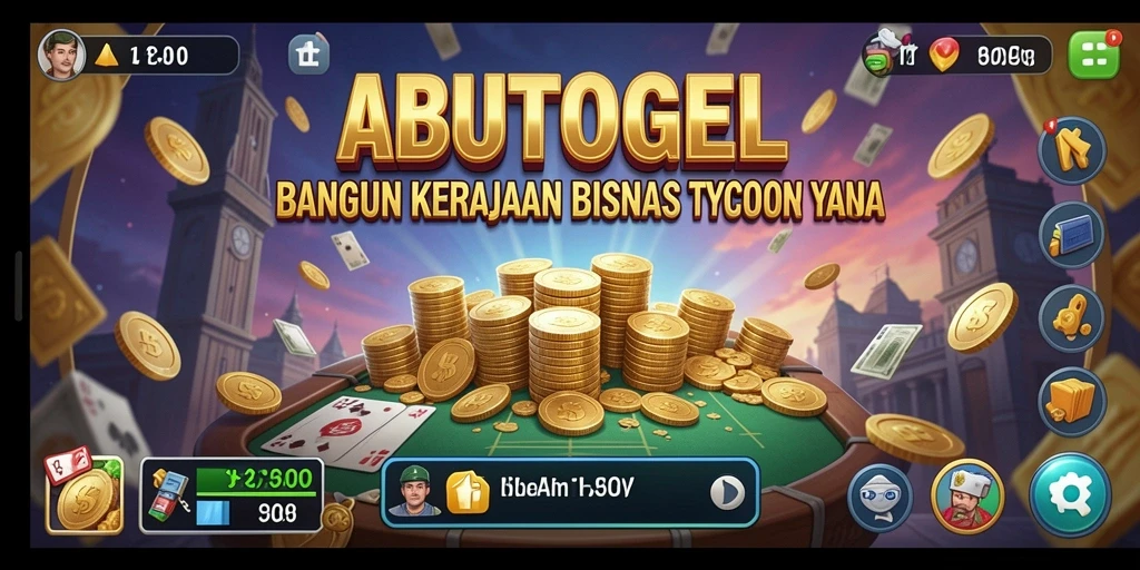 Tampilan utama gameplay ABUTOGEL menampilkan pembangunan kerajaan bisnis Anda.