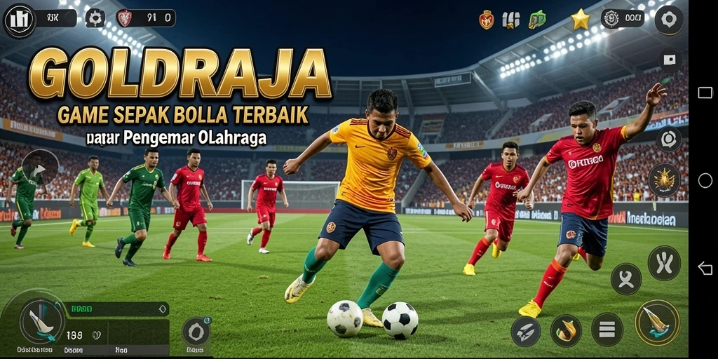 Tampilan gameplay menarik dalam GOLDRAJA, menampilkan aksi sepak bola yang mendebarkan.