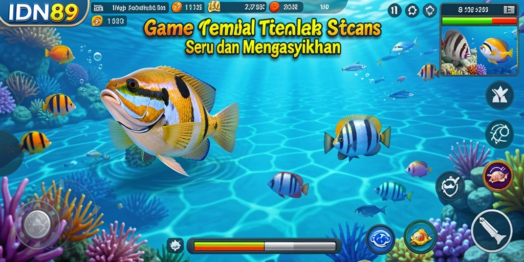 Screenshot gameplay seru Tembak Ikan IDN89 dengan ikan berwarna-warni.