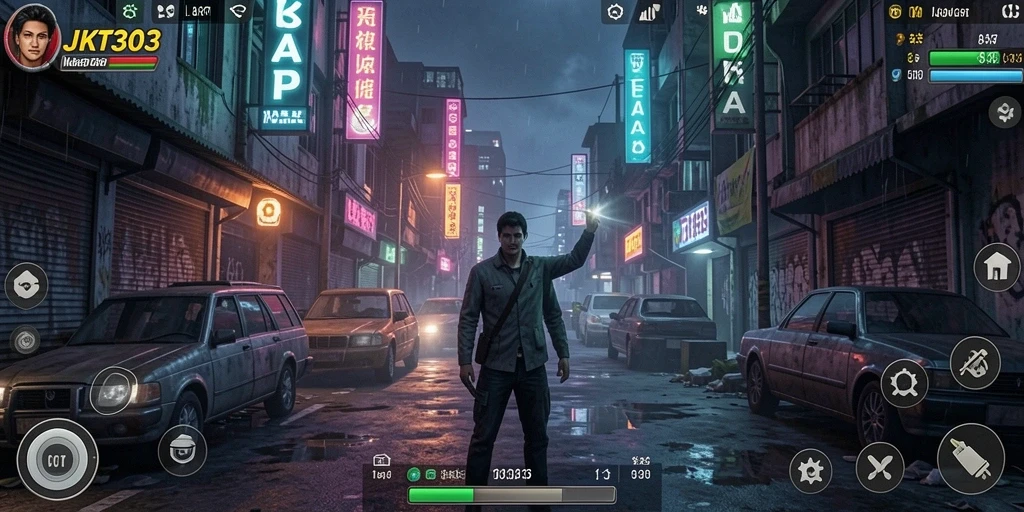 Tampilan gameplay mencekam dengan karakter menjelajahi sudut gelap Jakarta.