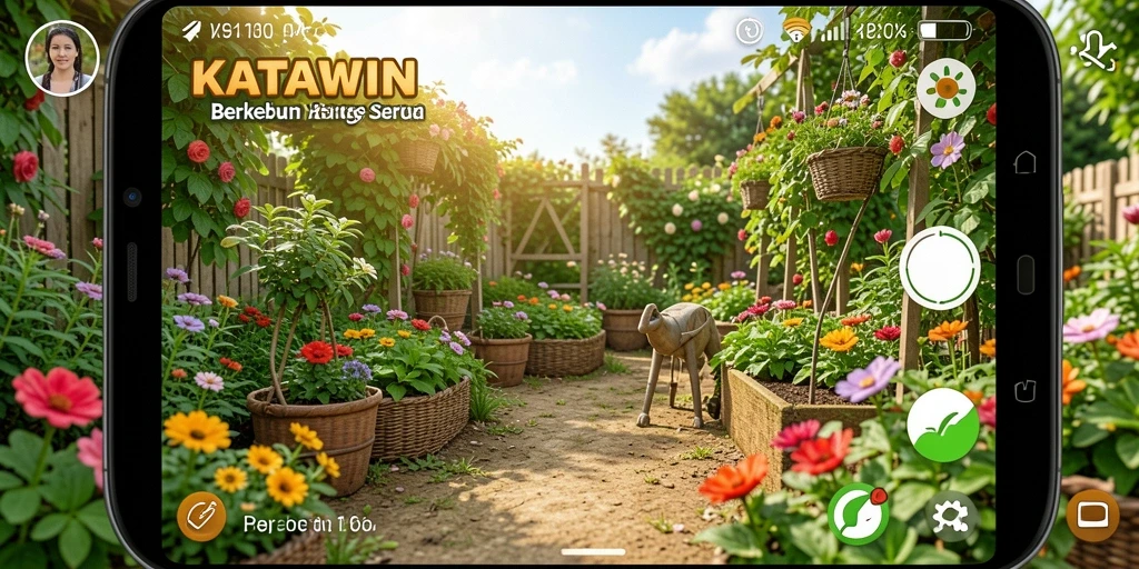 Tampilan gameplay KATAWIN dengan kebun yang indah dan beragam tanaman.