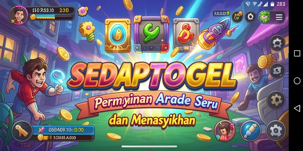 Tampilan permainan Arcade SEDAPTOGEL yang berwarna-warni dan penuh aksi.